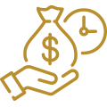 hand holding a bag of money in front of a clock icon
