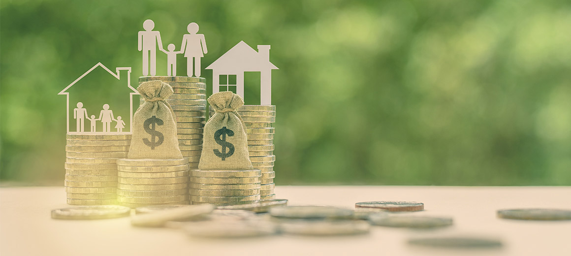 coins and bags of money in front of house  and people drawings